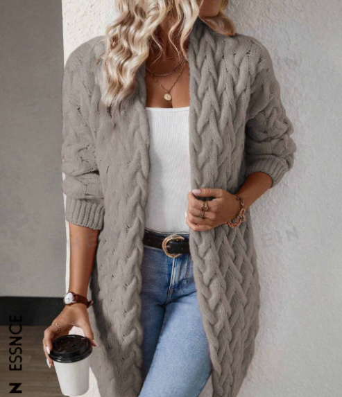 Essnce Solid Crochet Casual Versatile Knitted Cardigan