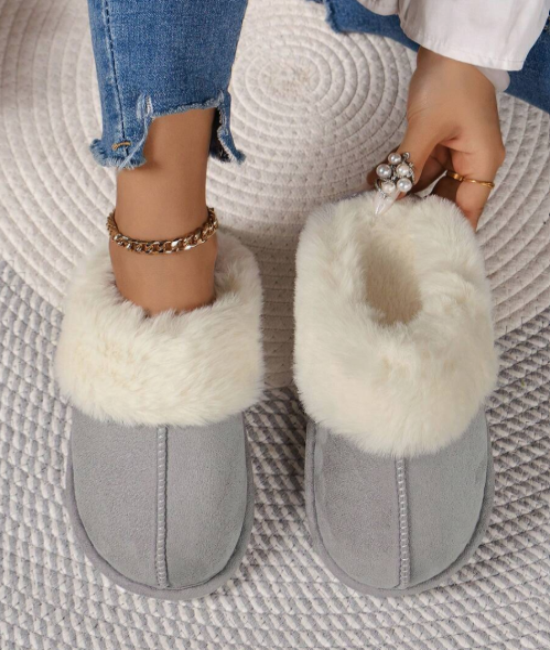 Women's Comfy Anti-Slip Faux Rabbit Fur Slides, Faux Suede Lining