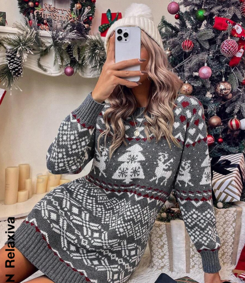 Relaxiva Christmas Pattern Drop Shoulder Sweater Dress