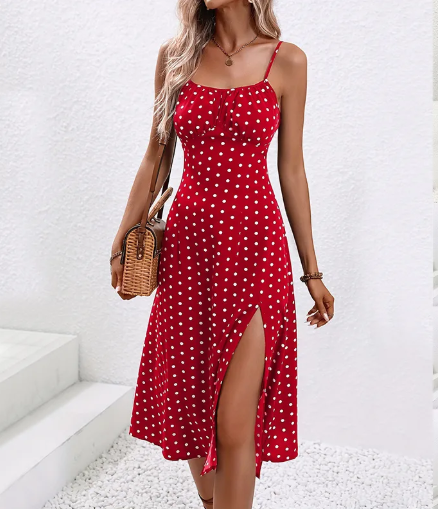 New Polka Dot Print Suspender Dress Summer Sexy Slit Long Dresses For Womens Clothing