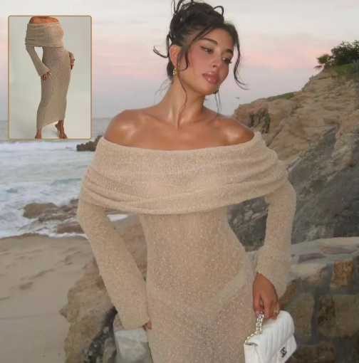 New One-shoulder Knitted Long-sleeved Dress Sexy Beach Holiday Long Dresses Womens Clothing